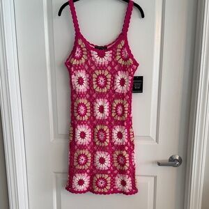 Boston Proper Fuchsia and Light Pink Crochet Dress Sz S Fully lined